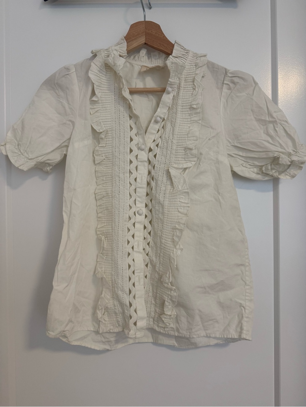 Sezane Cream Ruffled Lace-Trim Button Front Blouse
